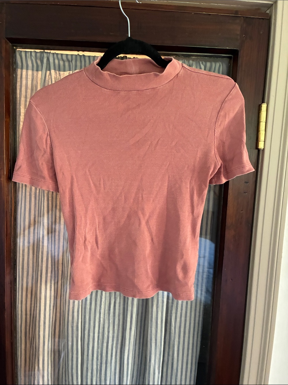 Anthropologie Ribbed Short Sleeve Mock Neck Top - Dusty Rose Pink